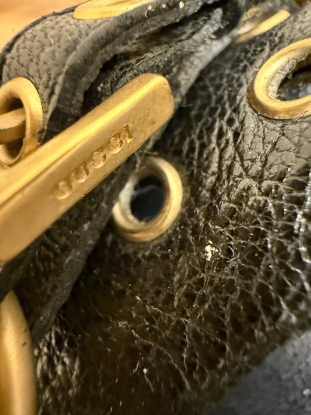 Gucci Black Leather Kitten Heel Mules with Gold Grommet Detail - Picture 11 of 16